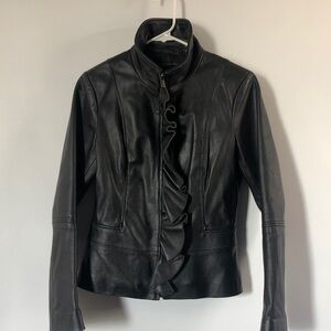 Tahari Black Leather Jacket with Ruffle Detail